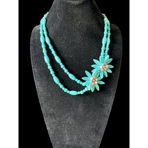 Authentic Turquoise Double Strand 2 Flower Statement Necklace Silver Tone Clasp